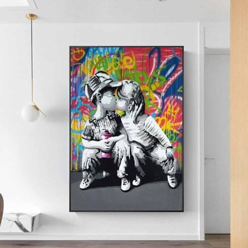 Kids Kiss Street Art Canvas Paintings On The Wall Art Posters And Prints Graffiti Art Canvas Pictures For Living Room Wall Decor