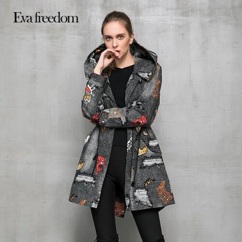 Eva Freedom Buckle Waist Hooded 2020 Autumn European and American Fashion Printed Denim Windbreaker Womens Jacket Mid-length