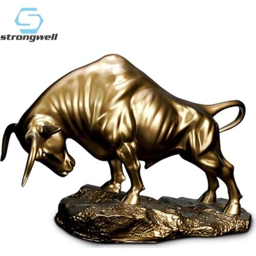 Strongwell Chinese Bullfight Statue Copper Color Animal Sculpture Lucky Bullish Ornament Resin Crafts Home Desktop Decoration