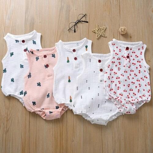 Linen Cotton Newborn Baby Girls Rompers 2020 Summer Cute Cartoon Girl Sleeveless Pajamas Breathable Print Children Clothing 0-2T