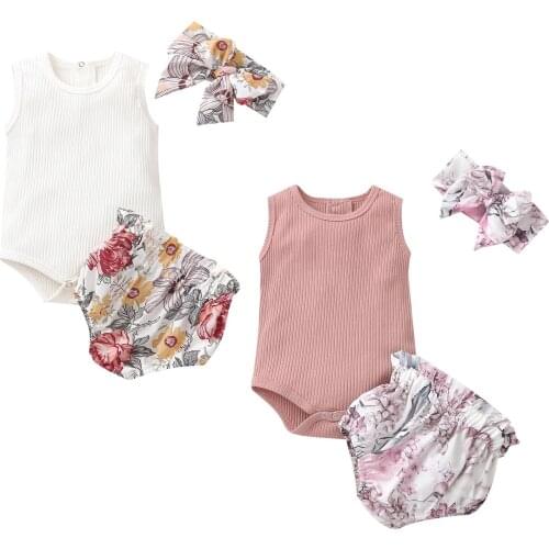 Citgeett Summer 0-24M Toddler Baby Girl 3Pcs Set Sleeveless Back Buttons Bodysuit+Floral Print Shorts+Headband Set
