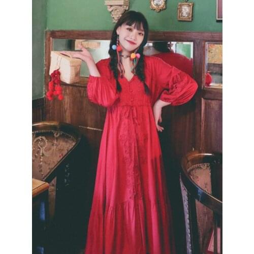 Summer New Womens Retro Ethnic Style Girl Three-Dimensional Crochet Waist Dress Bohemia Travel Lantern Sleeve Mid-Length Dress