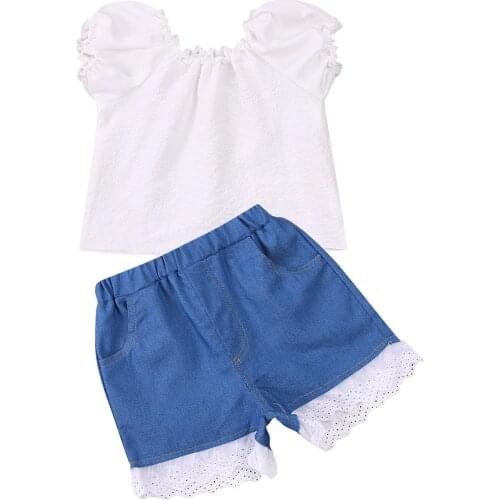 2Pcs Toddler Summer Outfit, Solid Color Short Sleeves T-Shirt + Lace Stitched Elastic-Waist Shorts for Small Girls, 1-6 Years