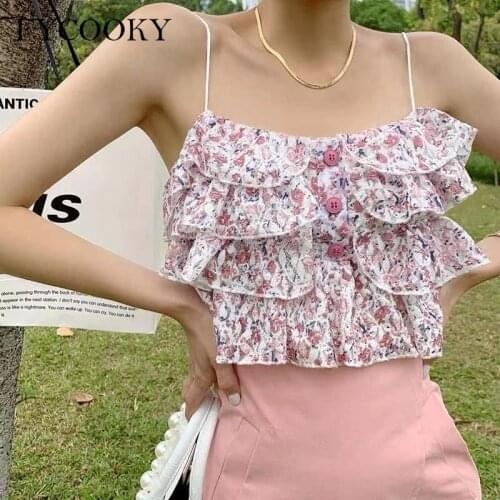 Summer Kawaii Chiffon Blouse Beach Floral Sexy Backless Print Ruffle Camis Women Korean Style Sweet Holiday Tops 2021