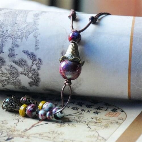 SEA MEW Fashion Metal Alloy Ceramic Necklace Porcelain Beads Pendant Adjustable Long Sweater Necklace For Women Girls Gift