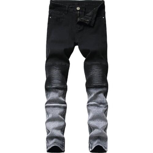 Mens new product trend gradient two-color stitching black white skinny biker jeans denim trousers knee fold motorcycle jeans