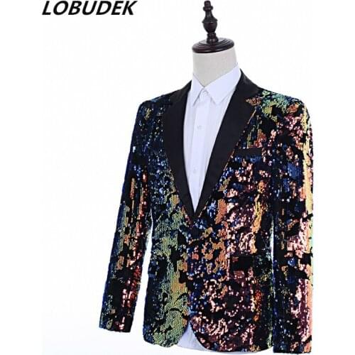 2019 Tide Male Singer Host Bar Nightclub Colorful Sequins Suit Jacket Fashion Stage Costume Sequined Tuxedo Performance Clothing