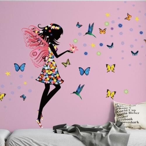 Butterflies Flowers Fairy Wall Stickers for Girl Rooms Decor Bedroom DIY Cartoon Wall Decals Mural Art PVC Posters