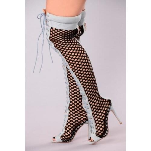 Newest Peep Toe Denim Patchwork Ladies High Heel Lace Up Boots Black Mesh Women Sexy Cut Out Over The Knee Boots Fashion Boots
