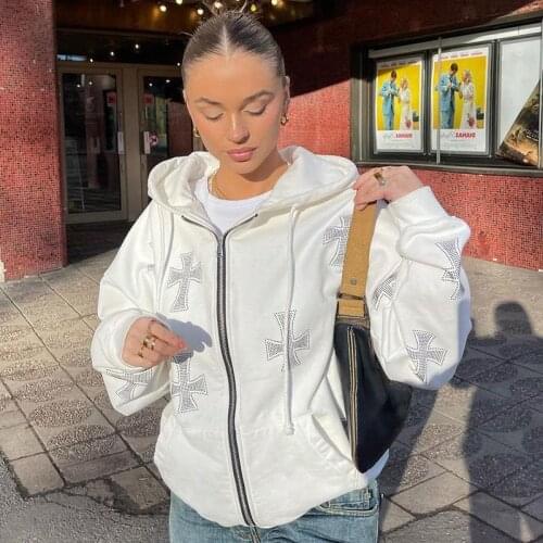 Autumn Womens White Fashion Loose Sport Coat Hip Hop Rhinestone Gothic Punk Y2k Long Sleeve Zipper Hoodies Sweatshirt Streetwear