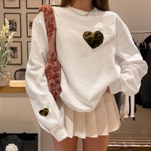 Early Autumn Hedging Round Neck Love Print Color Matching Cute Loose Casual Long Sleeve Sweatshirt Solid Color Warm Jacket