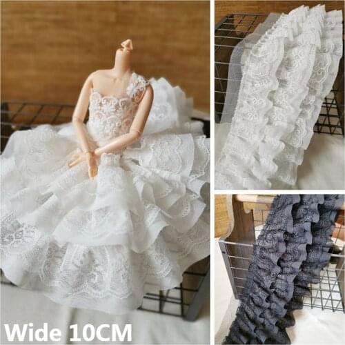 10CM Wide Luxury White Black Three Layers Pleated Chiffon Fabric Embroidered Ruffle Trim Ribbon DIY Sewing Guipure Accessories