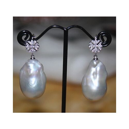 Natural baroque 15x25mm south sea white pearl earrings 925silver