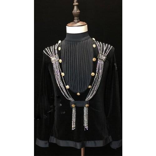 Latin Dance Top Male Adults Shiny Rhinestones Competition Clothing Cha Cha Rumba Samba Tango Salsa Performance Shirts DNV12705