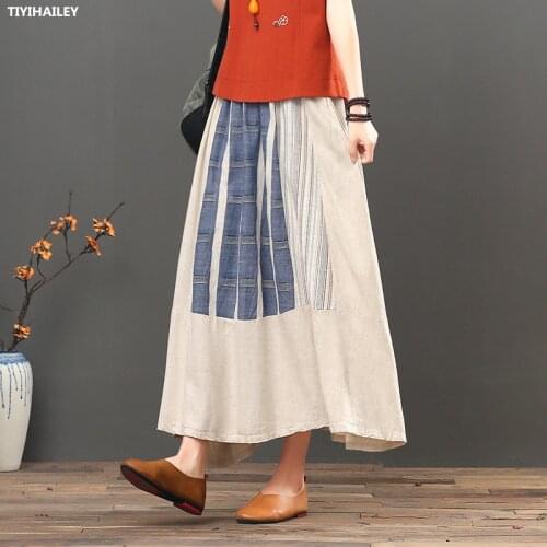 TIYIHAILEY Free Shipping 2021 New Long Maxi Elastic Waist Women Cotton Linen Skirts Spring Summer A-line Patchwork Sprited