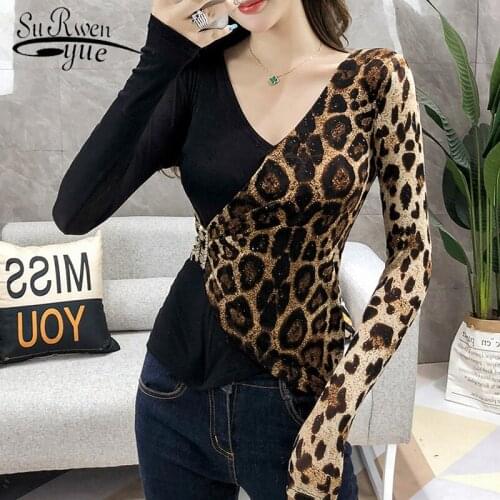 2021 Spring Shirts for Women Ladies Tops Long Sleeve Shirt Women Tops Leopard V-Neck Solid T Shirt Women Plus Size Clothing 6241