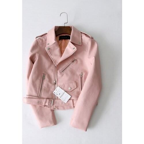 7 Color Women Short Faux PU Leather Jacket Plus Belt Pink Yellow Slim Lapel Streetwear Long Sleeve Biker Jacket Spring Autumn