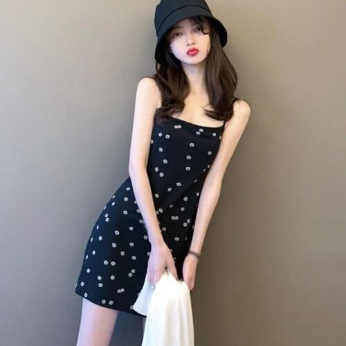Women Square Neck Small Floral Printed Sling Dress Sexy Small Black Skirt Slim Waist Summer Casual Short Dress