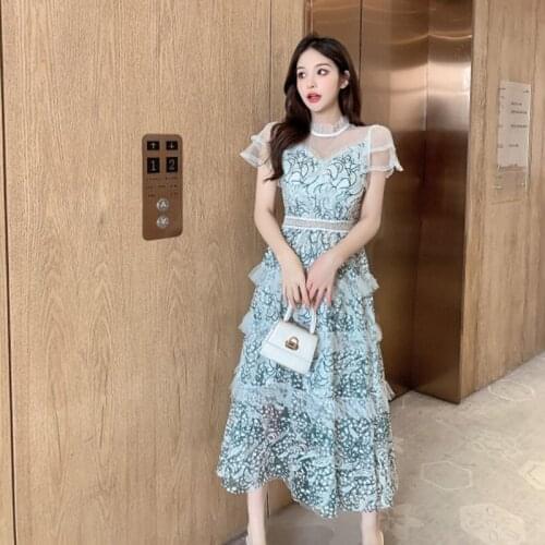 Green Summer Lace Dress Women Stand Neck Short Sleeve High Waist Mesh Party Dress Ruffles Long Midi Dress Elegant Office C225