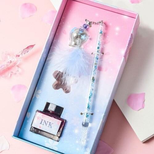 1 Set Creative Writing Dip Pen Wind Chime Pendant Stationery Glitter Powder Crystal Glass Dip Pen Student Ink Gift Box Set