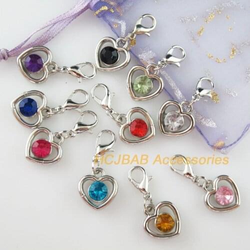 10 New Heart Charms With Lobster Claw Clasps Dull Silver Plated Mixed Crystal 13x14mm
