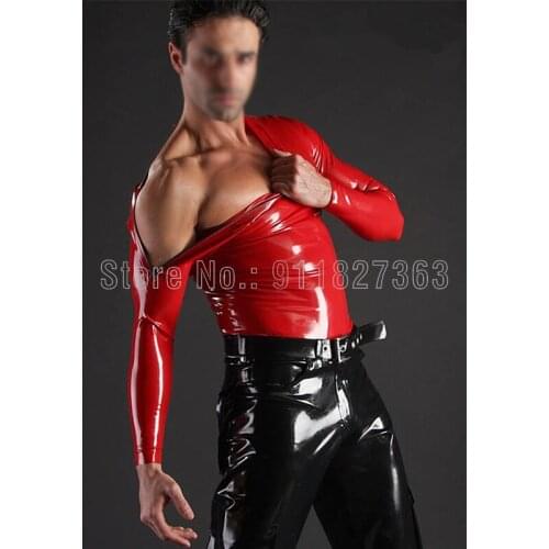 100% Handmade Latex Shirt Mens Red Latex Top Rubber Tight T-Shirt Double Shoulder Zipper Customize