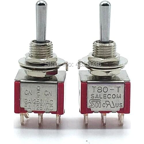 2pcs Mini Latching Toggle Switch T80-T ON OFF ON 6 pins DPDT 3 Position 3A/250V 5A/125V 6mm