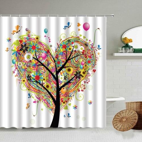 Color Love Happiness Tree Shower Curtain Flower Butterfly Abstract Art Bathroom Waterproof Screen Valentines Day Gift With Hook
