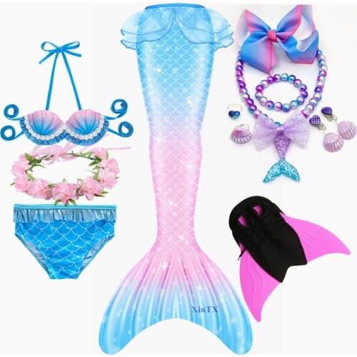 Kids Mermaid Tail Costume Cosplay Dress Children Swimsuit Fantasy Costume Cosplay Beach Bikini can add Monofin Fin