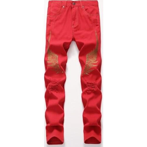 2021 Mens New Fashion Personality Wings Embroidered Ripped Jeans Mens Brand Distressed Black and Red Motorcycle Denim Trousers