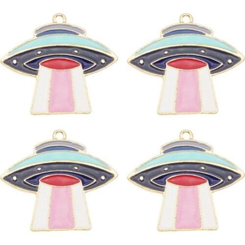 Julie Wang 3PCS Enamel Cartoon UFO Charms Alloy Gold Tone Spaceship Pendant Bracelet Jewelry Making Accessory