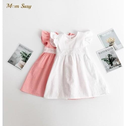 Baby Girl Princess Cotton Dress Lace Belt Summer Infant Toddler Girl Vestido Fly Sleeve Solid Color Baby Clothes 0-5 Years