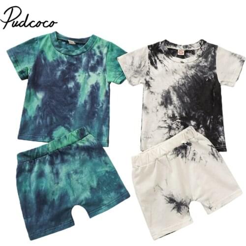 2Pcs Infant Kids Boys Outfit, Summer Toddlers Round Collar Random Dyeing Printing Short Sleeve Top + Casual Shorts Set 6M-5T