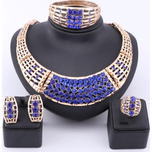 African Beads Jewelry Set Dubai Gold Color Luxury Rhinestone Women Wedding Party Necklace Bangle Earring Ring Fine Jewelry Sets
