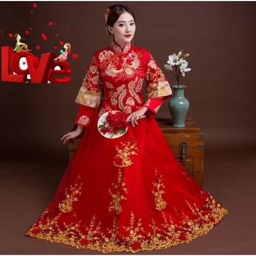 Red Formal Cheongsam Weight 90--95kg Can Wear Royal Wedding Costume Bride Vintage Chinese traditional embroidery phoenix Dress