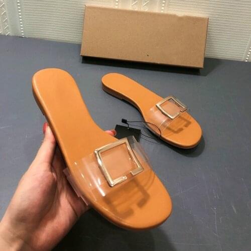 Summer Shoes Womens Shoes for 2021 Fashion Transparent Flat Slippers 2021 New Brand Metal Square Buckle Slip on Woman Slides