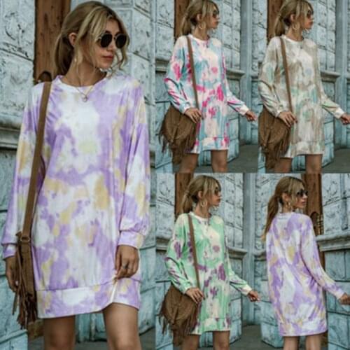 Fashion Women Long Sleeve T-shirt Dress Spring Autumn Tie-dye Print Mini Dresses Girls Casual O-neck Dress Streetwear