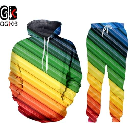 OGKB 2019 New Men/Womens Colorful stripes 3D Print Fashion Tracksuits Crewneck Hip Hop Sweatshirt And Pants 2 Pcs Set Hoodies