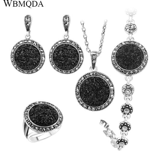 4Pcs/lot Hot Black Broken Crystal Round Jewelry Sets Vintage Party Accessories Fashion Necklace Bracelet Ring Earrings For Women