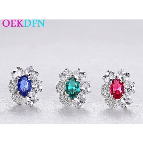 OEKDFN 100% 925 Sterling Silver Stud Earrings Created Moissanite Sapphire Ruby Emerald Gemstone Ear Studs Wedding Fine Jewelry