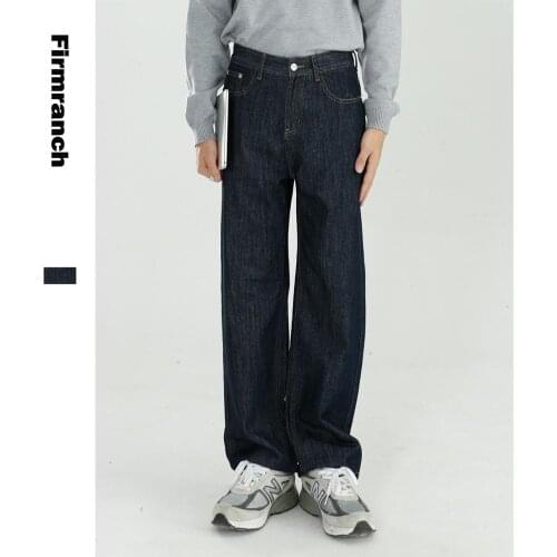 Firmranch Autumn Men/Women Black All-Matched Loose Long Wide Leg Denim Jeans Trousers Retro Deep Blue Drooping Style Boys/Girls