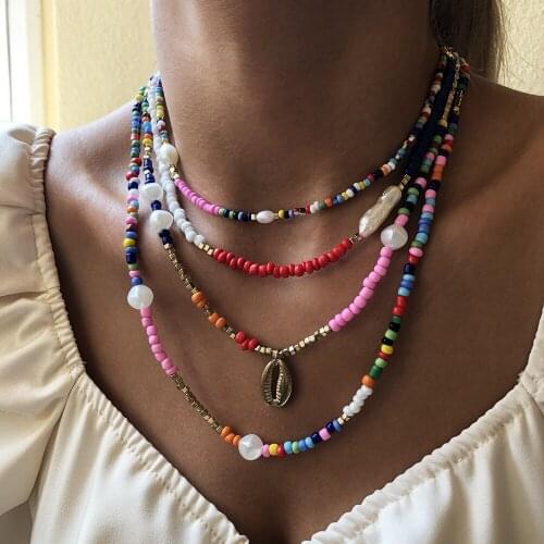 Seed Beads Multilayer Strand Necklace Women String Beaded Short Choker Necklace Jewelry Summer Beach Boho Gift Accessories