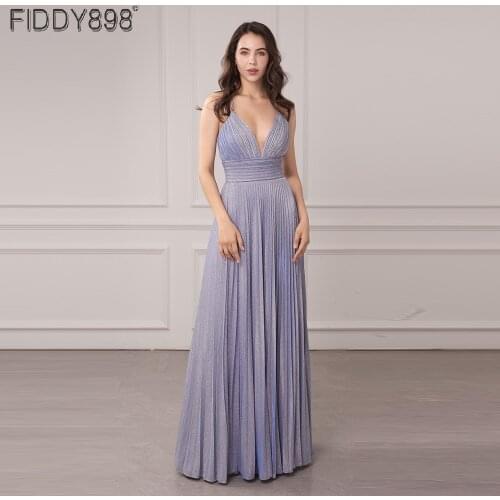 Custom Shimmer Fabric Prom Dresses 2021 A-Line V-Neck Spaghetti Straps Criss-Cross Back Sexy Party Gowns Pleats Vestido Simples