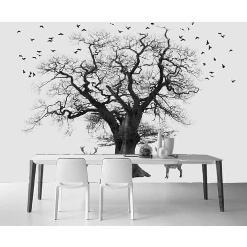 Custom wallpaper big tree flying bird elk decorative painting black and white background wallpaper home decoration 3d wallpaper