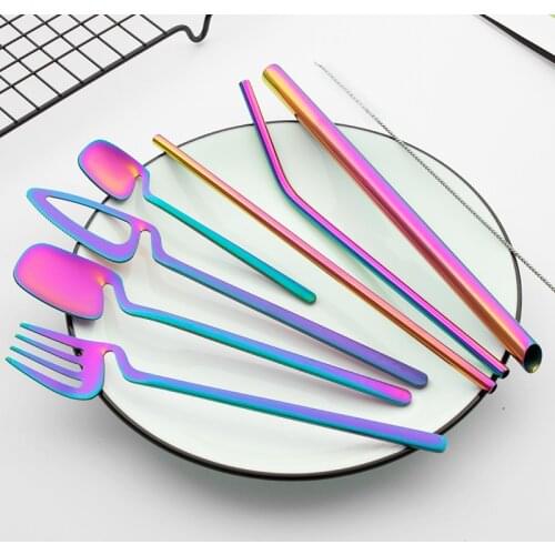 Portable Cutlery Camping Dinner Sets Travel Dinnerware Set Stainless Steel Tableware Rainbow With Straw Kit Brush Chopstick Bag