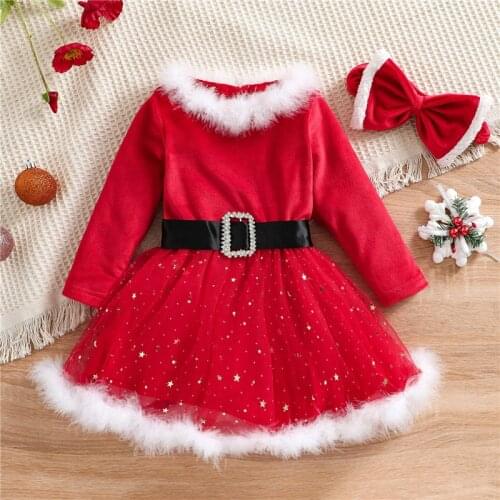 Christmas Baby Girls Fleece Dress O-Neck Long-Sleeve High-Waist Sequined Mesh Skirt with Belt Party Pageant Santa Dresses, 1-5Y