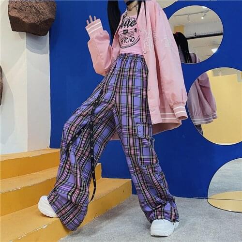 Gothic Cargo Pants Women Hippie Purple Plaid Lolita Pants Harajuku Streetwear Chain Checked Trousers High Waist Aesthetic Y2K