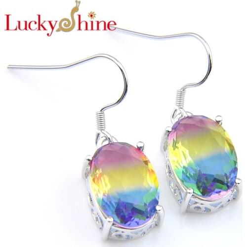 Luckyshine Fashion Hot New Women Earrings Tourmaline Crystal Zirconia 925 Silver Rainbow Oval For Women Drop Earrings Jewelry