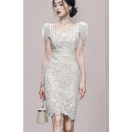 2021 summer Fashion Womens Korea Chic Puff Sleeve Elegant Lace Hollow Out Square Collar Slim dress