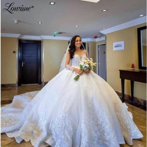 Lowime Muslim Long Ball Gown Wedding Dresses 2021 Luxury Long Sleeves Mariage Bridal Gowns Dubai Beaded Applique Wedding Gown